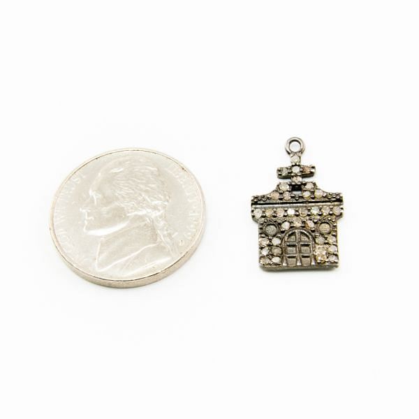 925 Sterling Silver Pave Diamond Charm, Church Shape-21.00x12.50mm, Black/White Rhodium Plating. Sold By 1 Pcs, F-2192
