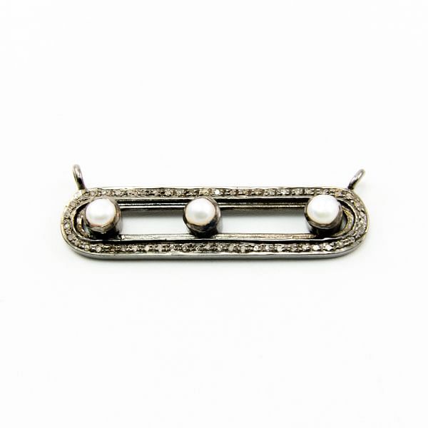 925 Sterling Silver Pave Diamond Connector With Pearl Stone, Fancy Shape-40.00x10.00mm, Black/White Rhodium Plating. Sold By 1 Pcs, F-2197