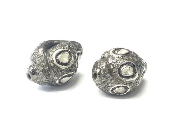 925 Sterling Silver Pave Diamond Beads with Polki Diamond, Conch Shape-21.50x15.00mm, Black/White Rhodium Plating. Sold By 1 Pcs, F-2331