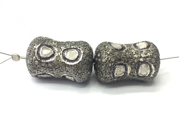 925 Sterling Silver Pave Diamond Beads with Polki Diamond, Drum Shape-21.00x14.00mm, Black/White Rhodium Plating. Sold By 1 Pcs, F-2333