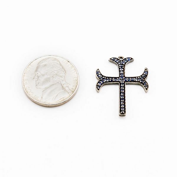 925 Sterling Silver Cross Shape Sapphire Pave Diamond Pendant.