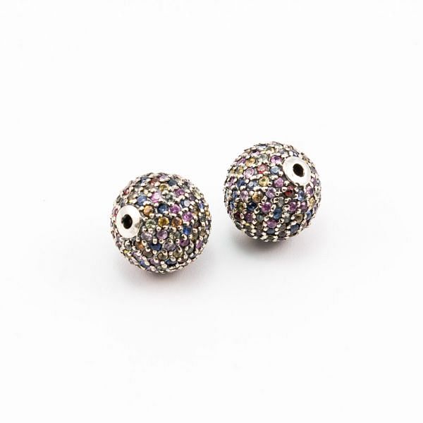 925 Sterling Silver Pave Diamond Bead - Round Ball Shape and Multi Sapphire Stone.