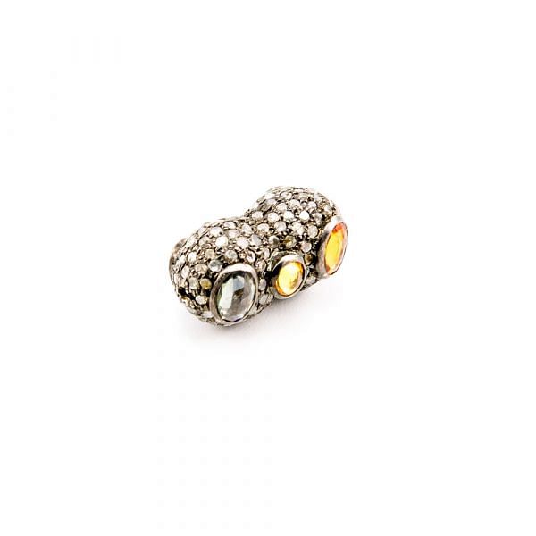 925 Sterling Silver Peanut Shape Pave Diamond Bead With Natural Multi Sapphire Stone.