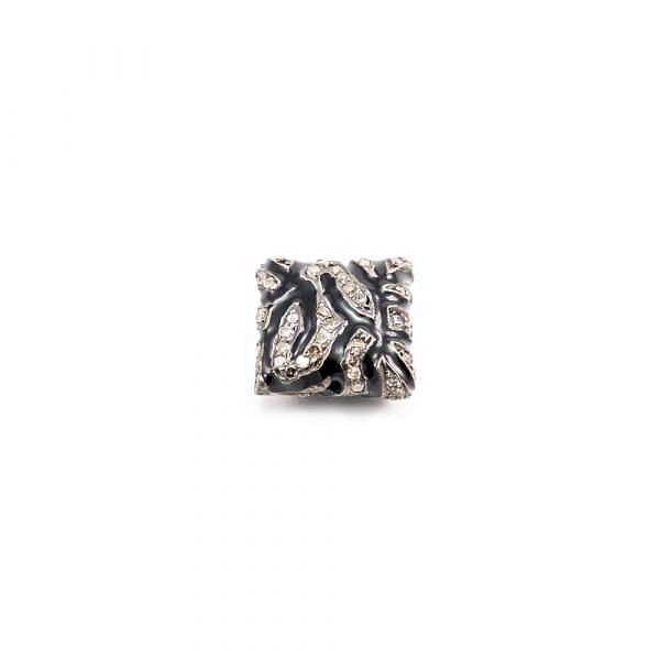 925 Sterling Silver Square Shape Pave Diamond Bead With Black Enamel.
