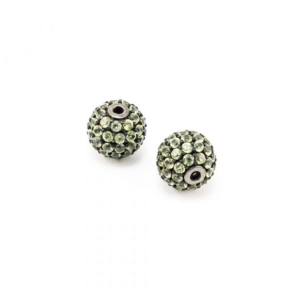 925 Sterling Silver Pave Diamond Bead With Round Ball Shape Natural Green Onyx  Stone.