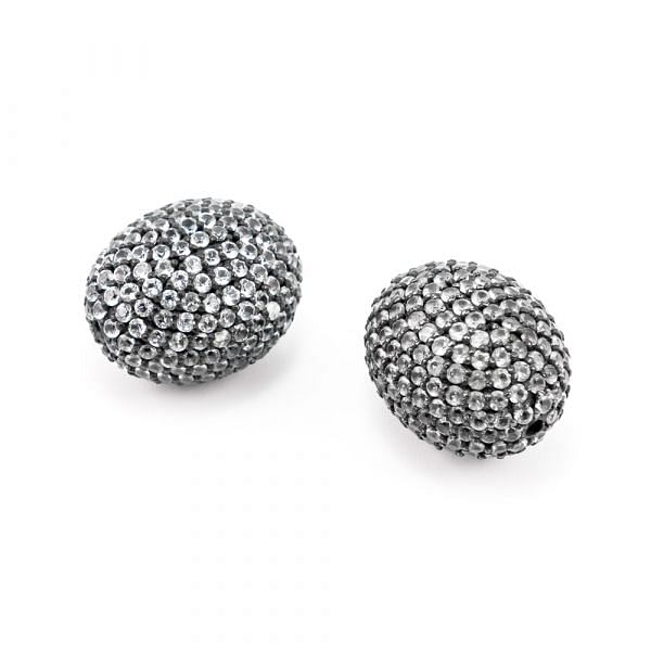 925 Sterling Silver Pave Diamond Bead - Oval Shape and White Topaz Stone.