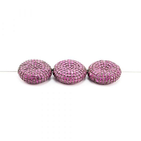 925 Sterling Silver Pave Diamond Bead With Ruby  Stone In Puff Coin Shape.