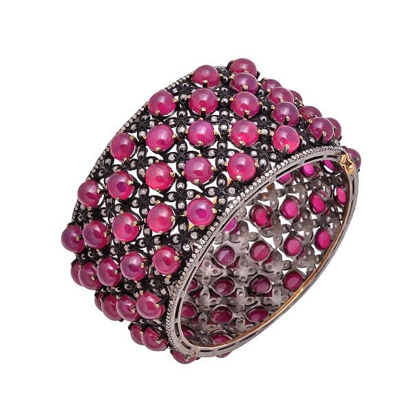 925 Sterling Silver Gold Black Rhodium Rose Cut Diamond Bangle With Ruby Stone - J-1086