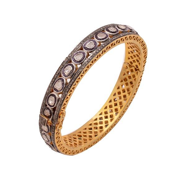 925 Sterling Silver Gold Black Rhodium Plated Bangle With Rose Cut Diamond & Polky Stone - J-1114