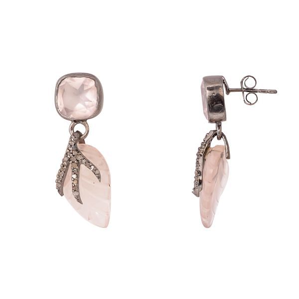 Victorian Jewelry, Silver Diamond Earring With Rose Cut Diamond And Rose Quartz Stone Studded  In 925 Sterling Silver Black Rhodium Plating. J-1269