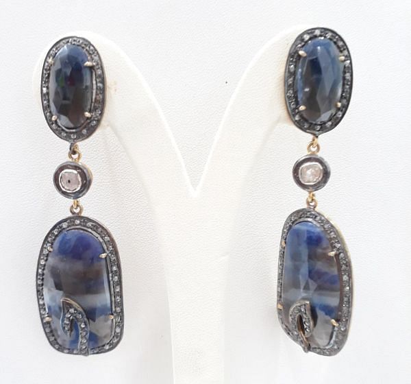  925 Sterling Silver Diamond Earring In Polki Diamond & Sapphire Stone -  J-1370