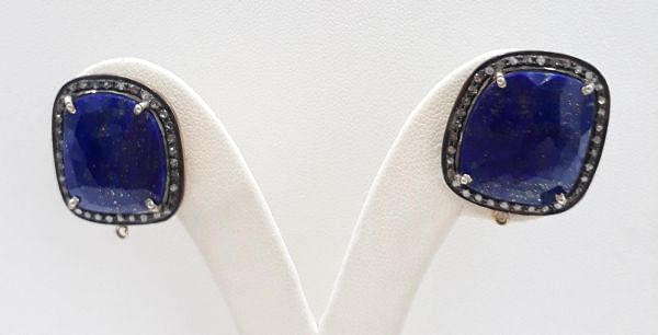 Stunning 925 Sterling Silver Diamond Earring In Lapis Lazuli Stone -  J-1378