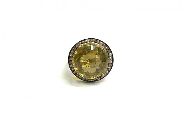 Victorian Jewelry, Diamond Ring With Rose Cut Diamond And Lemon Quartz Stone Studded In 925 Sterling Silver Gold, Black Rhodium  Plating. J-1522