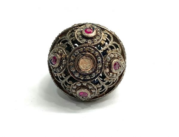 Victorian Jewelry, Silver Diamond Ring With Rose Cut Diamond And Polki Diamond, Ruby Stone Studded  In 925 Sterling Silver Black Rhodium Plating. J-1579