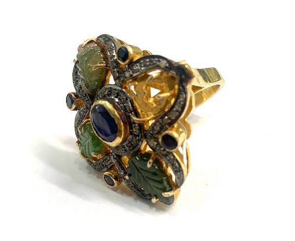 Victorian Jewelry, Silver Diamond Ring With Rose Cut Diamond And Multi Tourmaline, Kyanite Stone Studded  In 925 Sterling Silver Gold, Black Rhodium Plating.J-1583