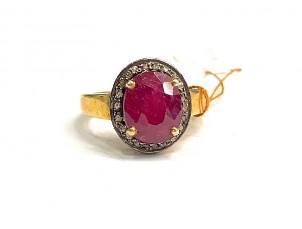 Victorian Jewelry, Silver Diamond Ring With Rose Cut Diamond And Ruby Stone Studded  In 925 Sterling Silver Gold, Black Rhodium Plating. J-1605