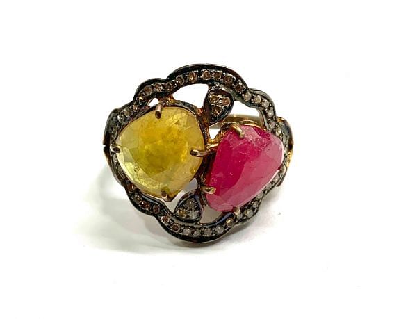 Victorian Jewelry, Silver Diamond Ring With Rose Cut Diamond And Multi Sapphire Stone Studded  In 925 Sterling Silver Gold, Black Rhodium Plating. J-1625