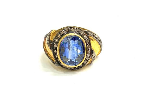 Victorian Jewelry, Silver Diamond Ring With Rose Cut Diamond And Kyanite Stone Studded In 925 Sterling Silver Gold, Black Rhodium Plating. J-1797