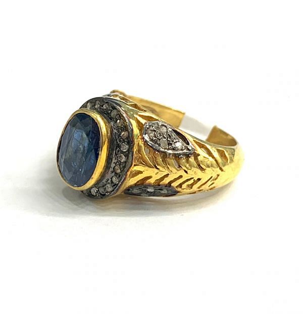 Victorian Jewelry, Silver Diamond Ring With Rose  Cut Diamond, And Kyanite Stone Studded In 925 Sterling Silver Gold, Black Rhodium Plating. J-1807
