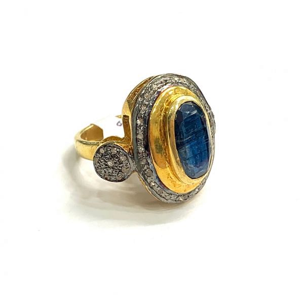 Victorian Jewelry, Silver Diamond Ring With Rose Cut Diamond And Kyanite Stone Studded  In 925 Sterling Silver Gold, Black Rhodium Plating. J-1815