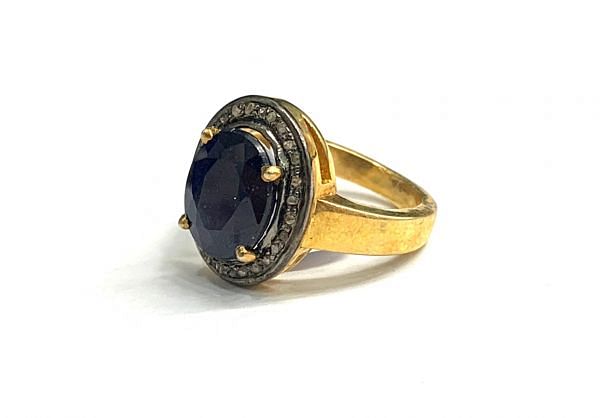 Victorian Jewelry, Silver Diamond Ring With Rose Cut Diamond And Sapphire Stone Studded  In 925 Sterling Silver Gold, Black Rhodium Plating. J-1822
