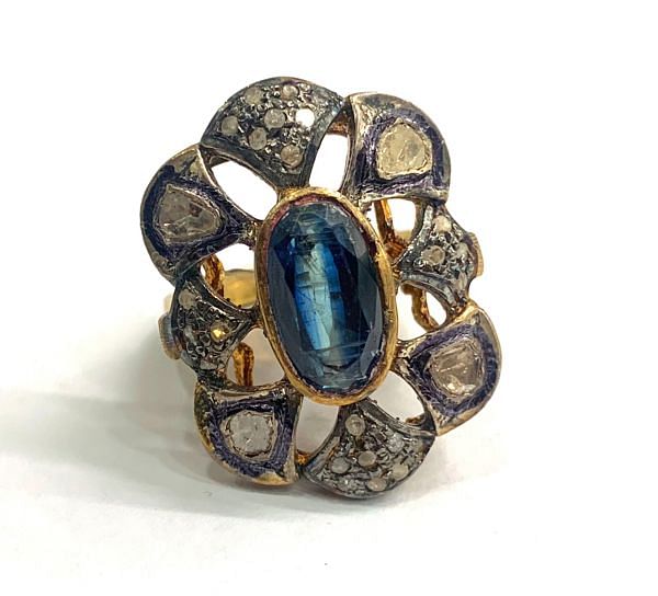 Victorian Jewelry, Silver Diamond Ring With Rose Cut Diamond And Polki Diamond,  Kyanite Stone Studded In 925 Sterling Silver Black Rhodium Plating. J-1829