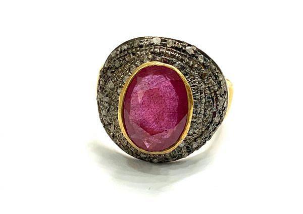 Victorian Jewelry, Silver Diamond Ring With Rose Cut Diamond And Ruby Stone Studded In 925 Sterling Silver Gold, Black Rhodium Plating. J-1840