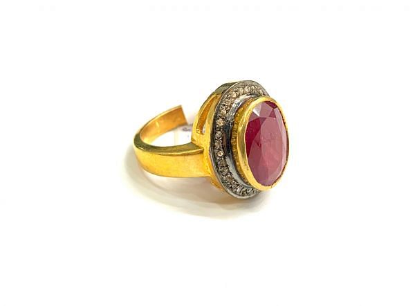 Victorian Jewelry, Silver Diamond Ring With Rose Cut Diamond And Ruby Stone Studded In 925 Sterling Silver Gold, Black Rhodium Plating. J-1844
