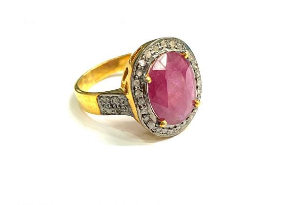 Victorian Jewelry, Silver Diamond Ring With Rose Cut Diamond And Ruby Stone Studded In 925 Sterling Silver Gold, Black Rhodium Plating. J-1851