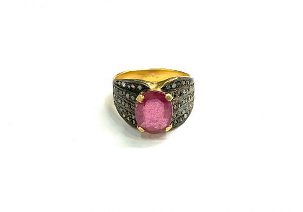 Victorian Jewelry, Silver Diamond Ring With Rose Cut Diamond And Ruby Stone Studded In 925 Sterling Silver Gold, Black Rhodium Plating. J-1854