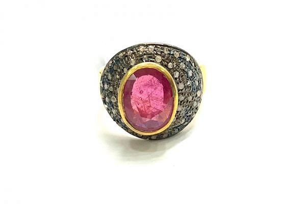 Victorian Jewelry, Silver Diamond Ring With Rose Cut Diamond And Ruby Stone Studded In 925 Sterling Silver Gold, Black Rhodium Plating. J-1856