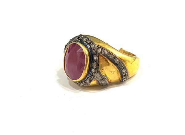Victorian Jewelry, Silver Diamond Ring With Rose Cut Diamond And Ruby Stone Studded In 925 Sterling Silver Gold, Black Rhodium Plating. J-1862