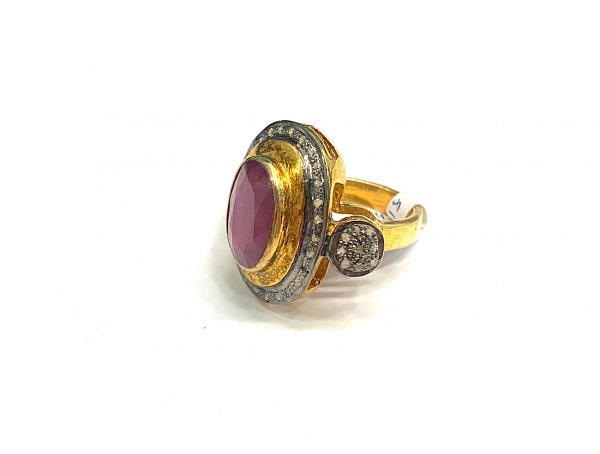 Victorian Jewelry, Silver Diamond Ring With Rose Cut Diamond And Ruby Stone Studded In 925 Sterling Silver Gold, Black Rhodium Plating. J-1864