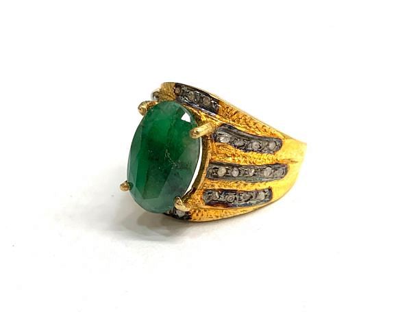 Victorian Jewelry, Silver Diamond Ring With Rose Cut Diamond, And Emerald Stone Studded In 925 Sterling Silver Gold, Black Rhodium Plating. J-1869