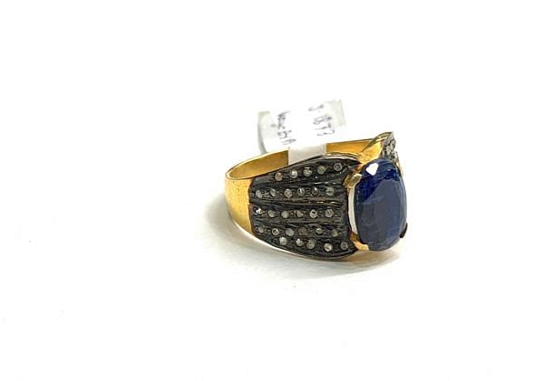Victorian Jewelry, Silver Diamond Ring With Rose Cut Diamond Kyanite Stone Studded In 925 Sterling Silver Gold, Black Rhodium Plating. J-1873