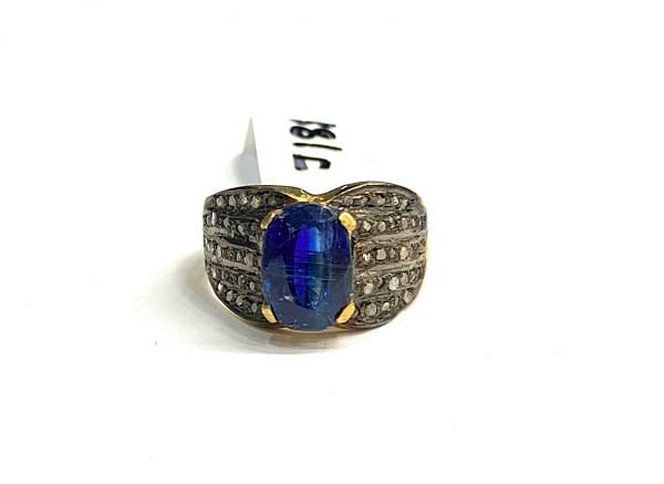 Victorian Jewelry, Silver Diamond Ring With Rose Cut Diamond And Kyanite Stone Studded In 925 Sterling Silver Gold, Black Rhodium Plating. J-1881