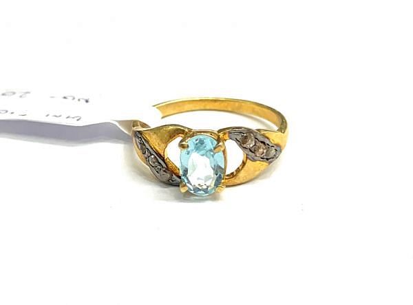 Victorian Jewelry, Silver Diamond Ring With Rose Cut Diamond And Blue Topaz Stone Studded In 925 Sterling Silver Gold Plating. J-1890