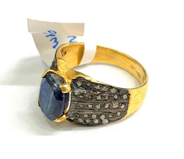Victorian Jewelry, Silver Diamond Ring With Rose Cut Diamond And Kyanite Stone Studded In 925 Sterling Silver Gold, Black Rhodium Plating. J-1892