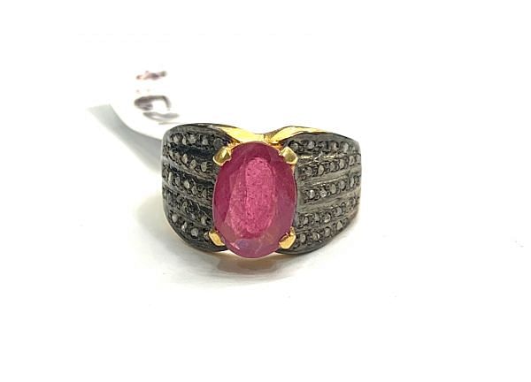 Victorian Jewelry, Silver Diamond Ring With Rose Cut Diamond  And Ruby Stone Studded In 925 Sterling Silver Gold, Black Rhodium Plating. J-1894