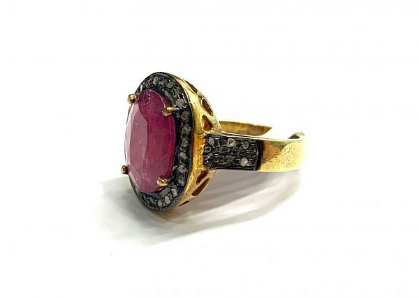 Victorian Jewelry, Silver Diamond Ring With Rose Cut Diamond And Ruby Stone Studded In 925 Sterling Silver Gold, Black Rhodium Plating. J-1898