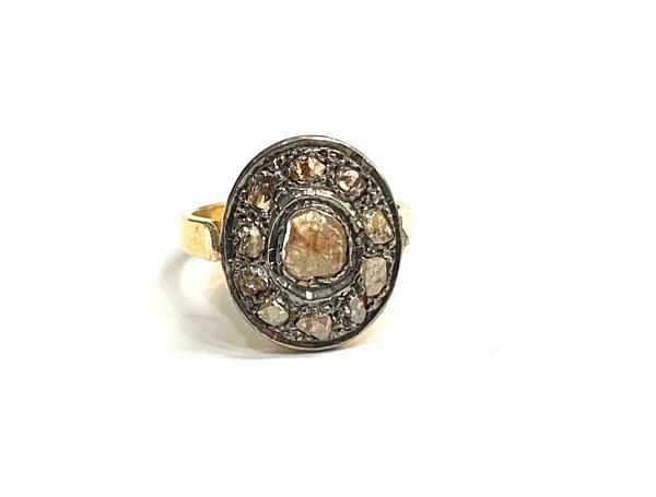 Victorian Jewelry, Silver Diamond Ring With Rose Cut Diamond And Polki Diamond Studded In 925 Sterling Silver Gold, Black Rhodium Plating. J-1903