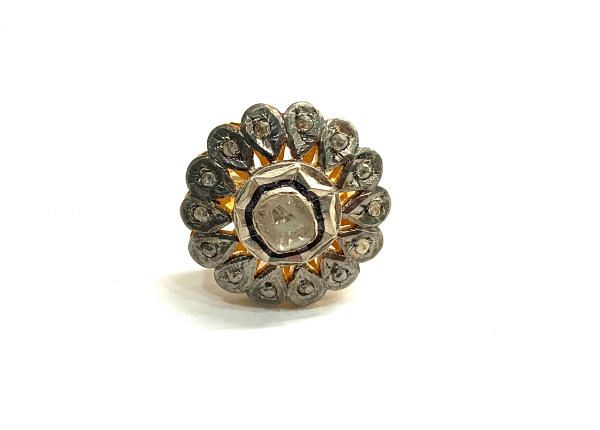 Victorian Jewelry, Silver Diamond Ring With Rose Cut Diamond And Polki Diamond Studded In 925 Sterling Silver Gold, Black Rhodium Plating. J-1908