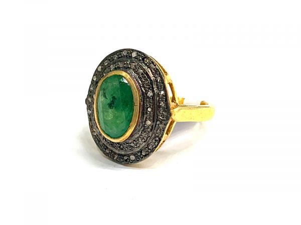 Victorian Jewelry, Silver Diamond Ring With Rose Cut Diamond And Emerald Stone Studded  In 925 Sterling Silver Gold, Black Rhodium Plating. J-1921