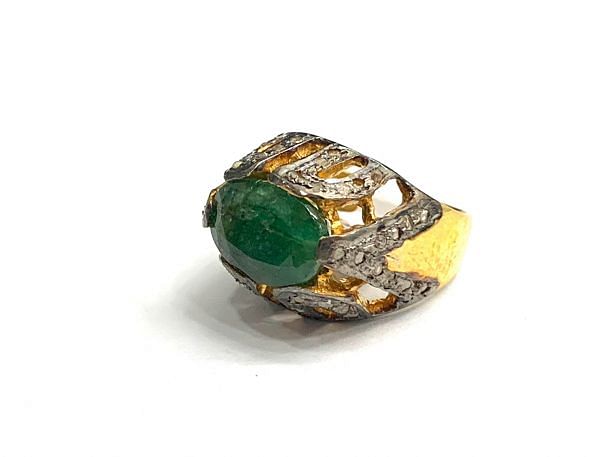 Victorian Jewelry, Silver Diamond Ring With Rose Cut Diamond Emerald Stone Studded In 925 Sterling Silver Gold, Black Rhodium Plating. J-1925