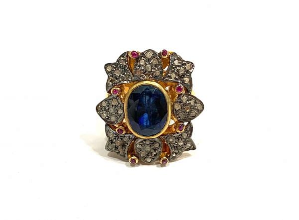 Victorian Jewelry, Silver Diamond Ring With Rose Cut Diamond And Kyanite Stone Studded  In 925 Sterling Silver Gold, Black Rhodium Plating. J-1952