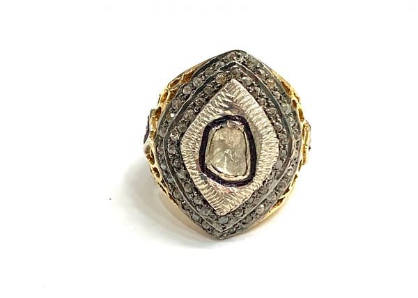 Victorian Jewelry, Silver Diamond Ring With Rose Cut Diamond And Polki Diamond Stone Studded  In 925 Sterling Silver Gold, Black Rhodium Plating. J-1962