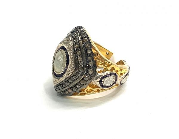 Victorian Jewelry, Silver Diamond Ring With Rose Cut Diamond And Polki Diamond Stone Studded In 925 Sterling Silver Gold, Black Rhodium Plating. J-1963