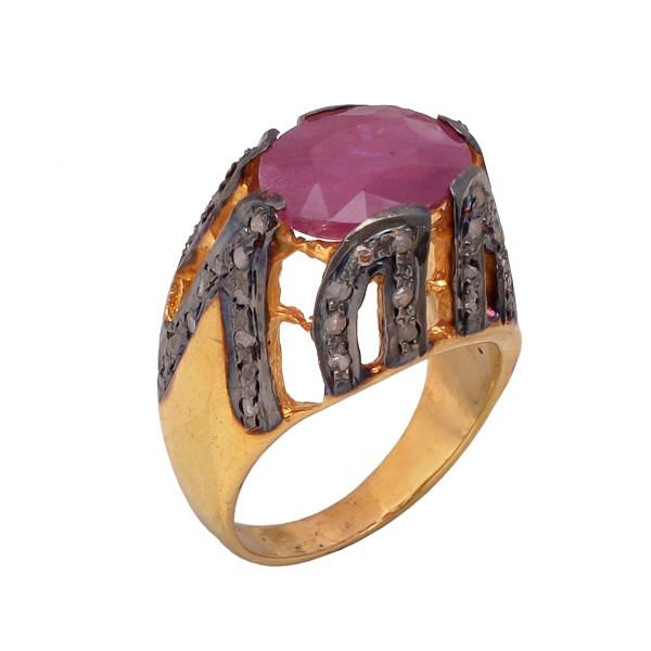 Victorian Jewelry, Silver Diamond Ring With Rose Cut Diamond And Ruby In 925 Sterling Silver Gold, Black Rhodium Plating