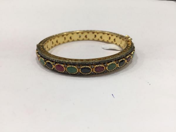 925 Sterling Silver Bangle With Natural Diamond And Ruby, Emerald, Sapphire Stone,J-1976 A 