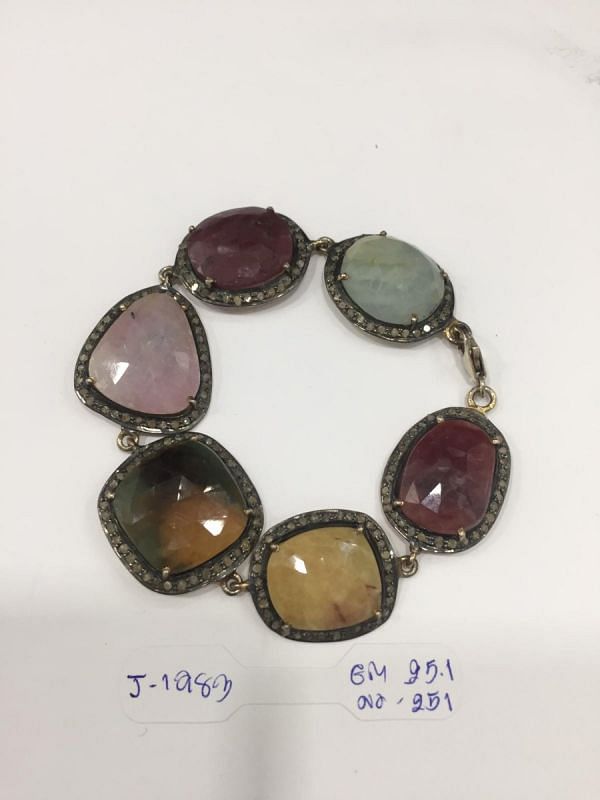 925 Sterling Silver Diamond Bracelet - Rose Cut Diamond And Natural Multi Sapphire, J-1983